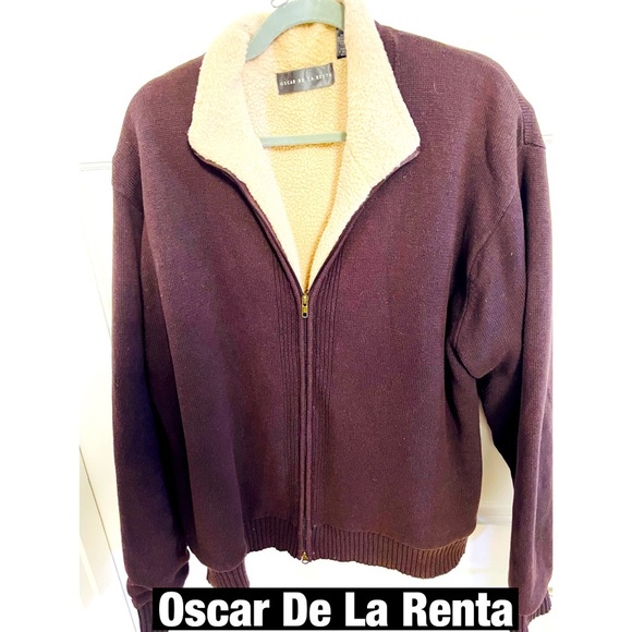 Oscar De La Renta Brown Cotton Zip up Sweater with Sherpa like lining S…